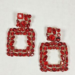Gold Tone Metal Red Plastic Rhinestone Opulent Chandelier Earrings Christmas
